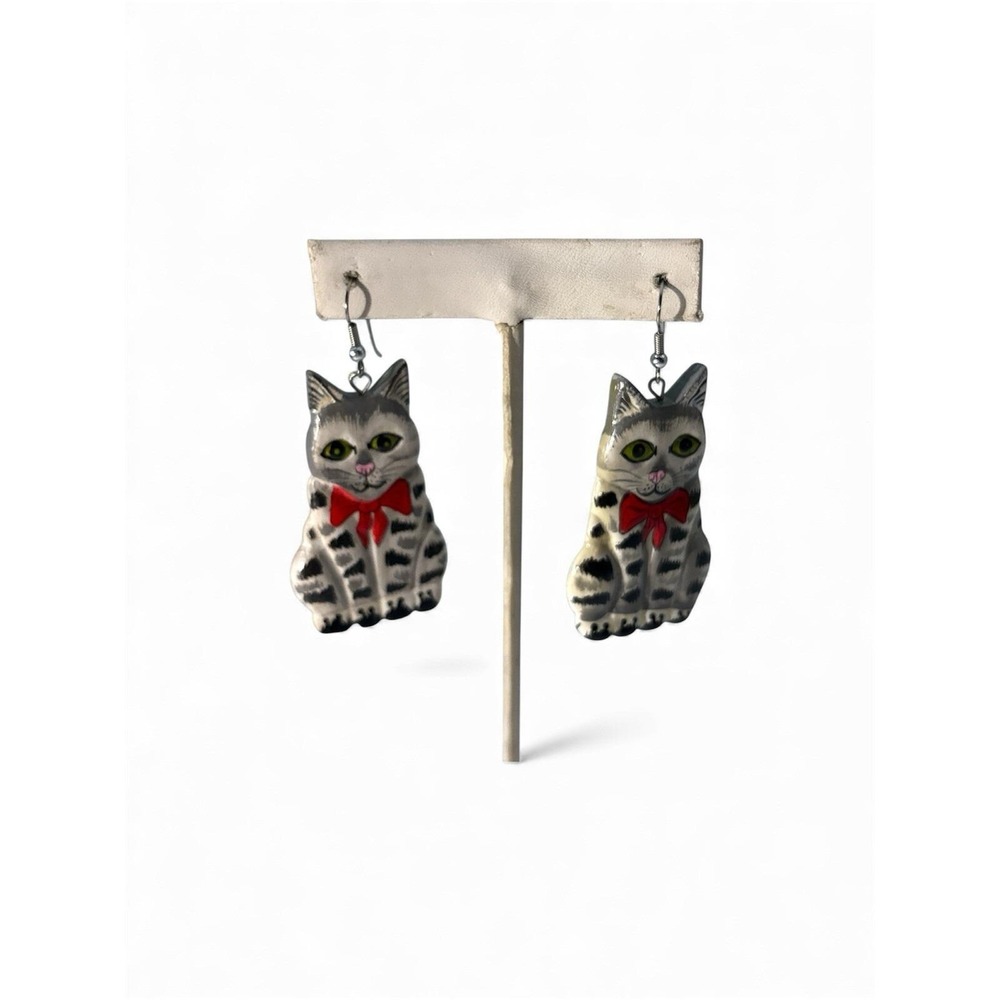 Vintage Painted Wood Grey Tabby Green Eyed‎ Cat Kitty Dangle Pierced Earrings